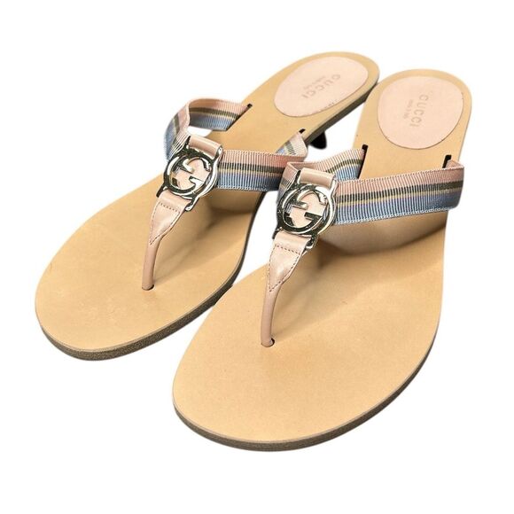 GUCCI GG Kitten Heel Beige Sandals Web Canvas Pink Blue Striped Thong Size 9.5 - Picture 2 of 9
